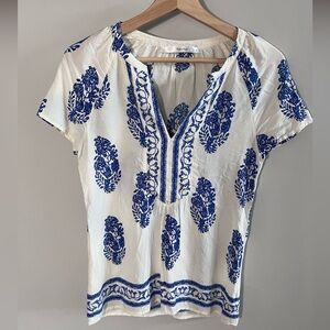 Fun 2 Fun White Tunic Top Cobalt Blue Floral Print Split V-Neck Boho Blouse